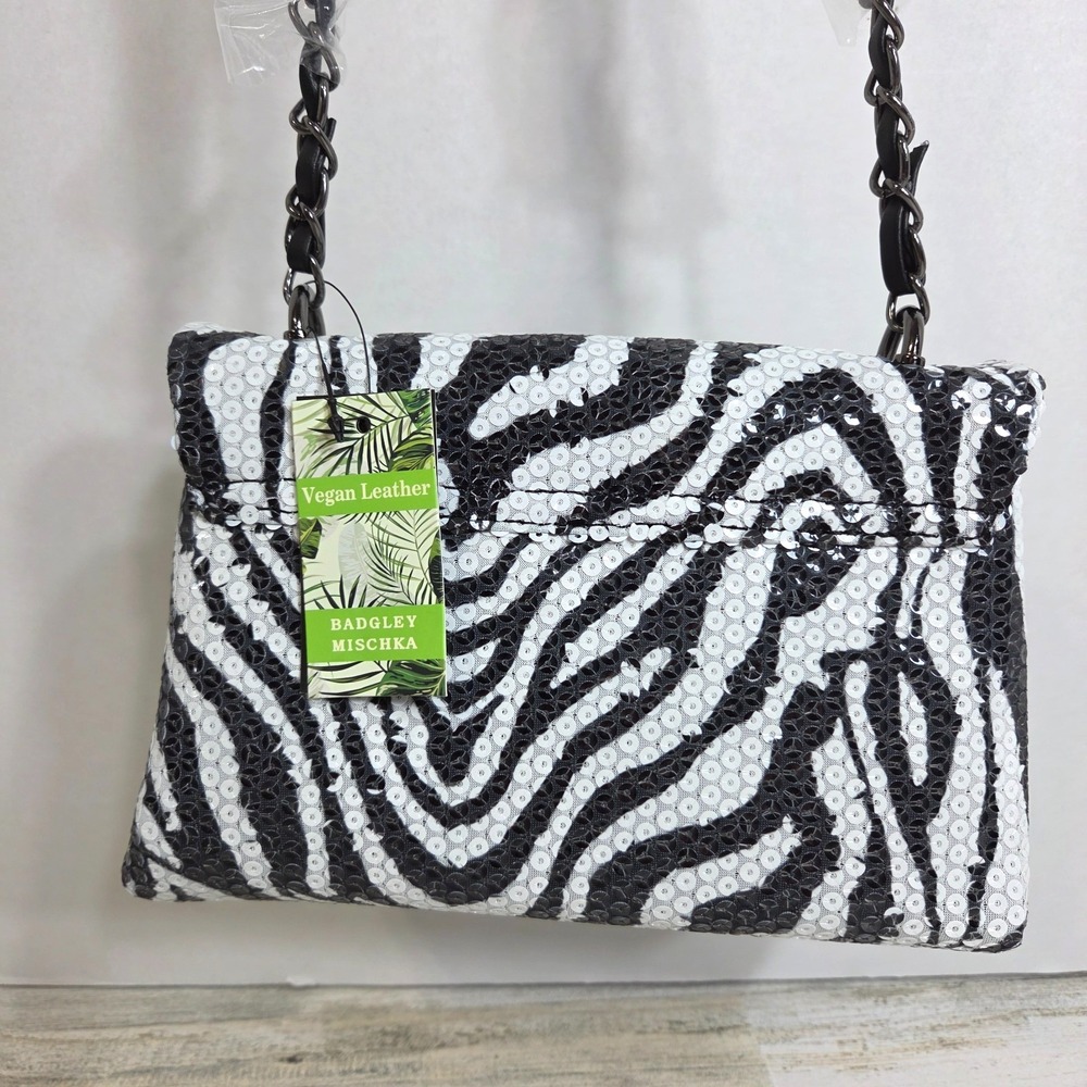 Badgley Mischka Zebra Crossbodybag Sequin Black White Vegan Leather NWT - Picture 2 of 13